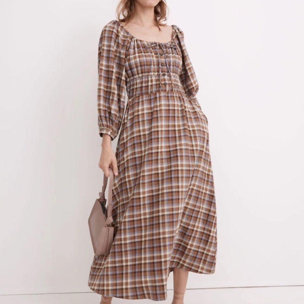 Madewell Indie Midi Peasant Dress Plaid XS